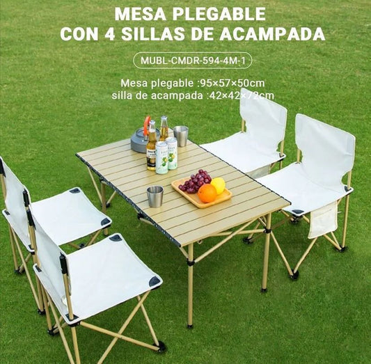 Juego de mesa plegable mas cuatro sillas para playa o campamento metal transportable
