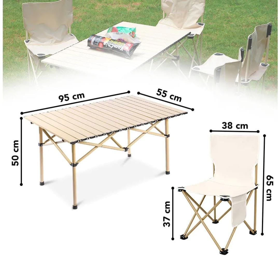 Juego de mesa plegable mas cuatro sillas para playa o campamento metal transportable