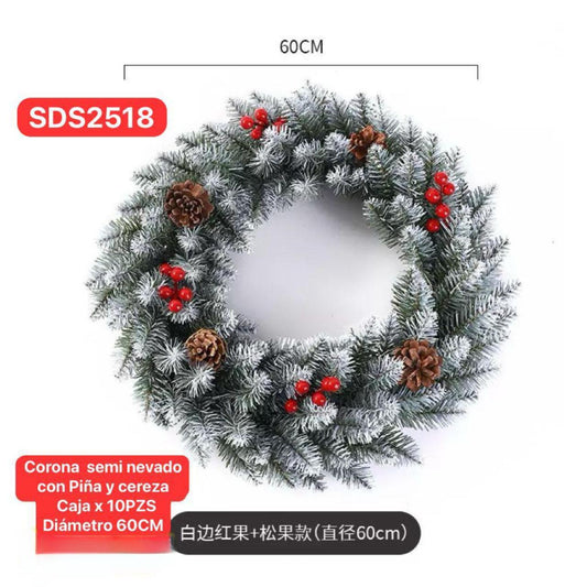 Corona guirnalda premium 60cm diámetro nieve artificial navidad con piña y cereza NCSDS2518