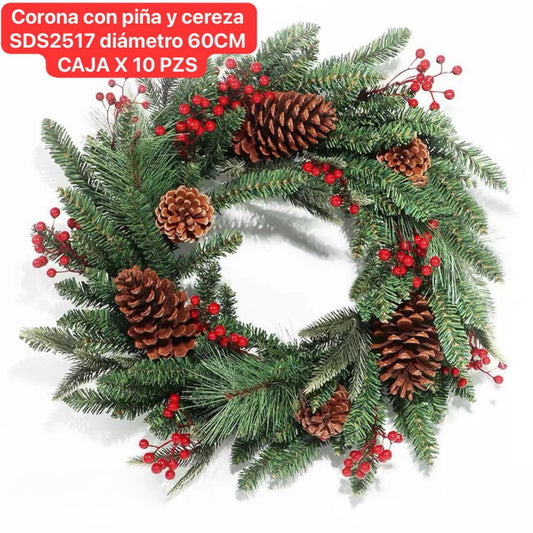 Corona guirnalda premium 60cm diámetro  navidad con piña y cereza NCSDS2517