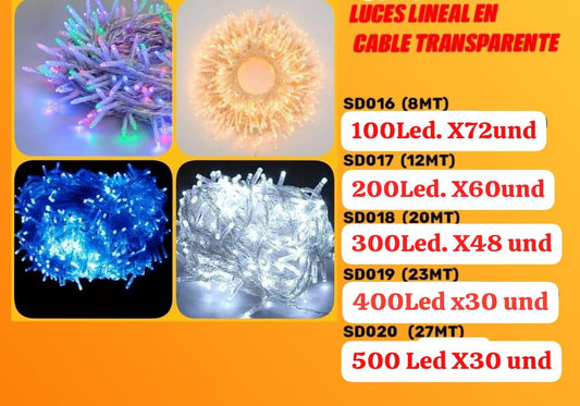 Luces lineales cable TRANSPARENTE 500 LED 27 METROS COLOR DORADO o MULTICOLOR CLSD015