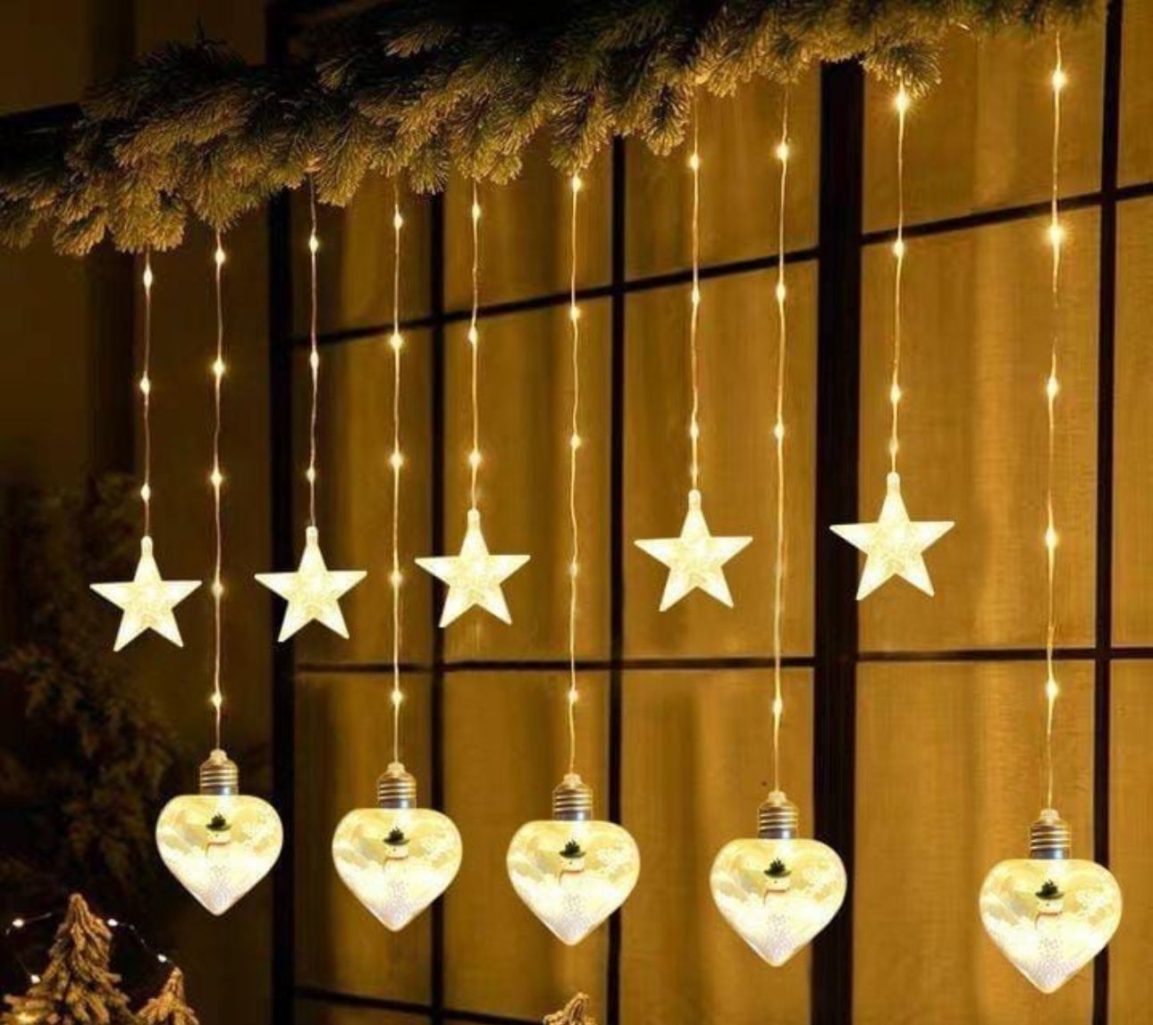 Luces para ventana 3 Metros estrella y corazones color dorado CLSD257