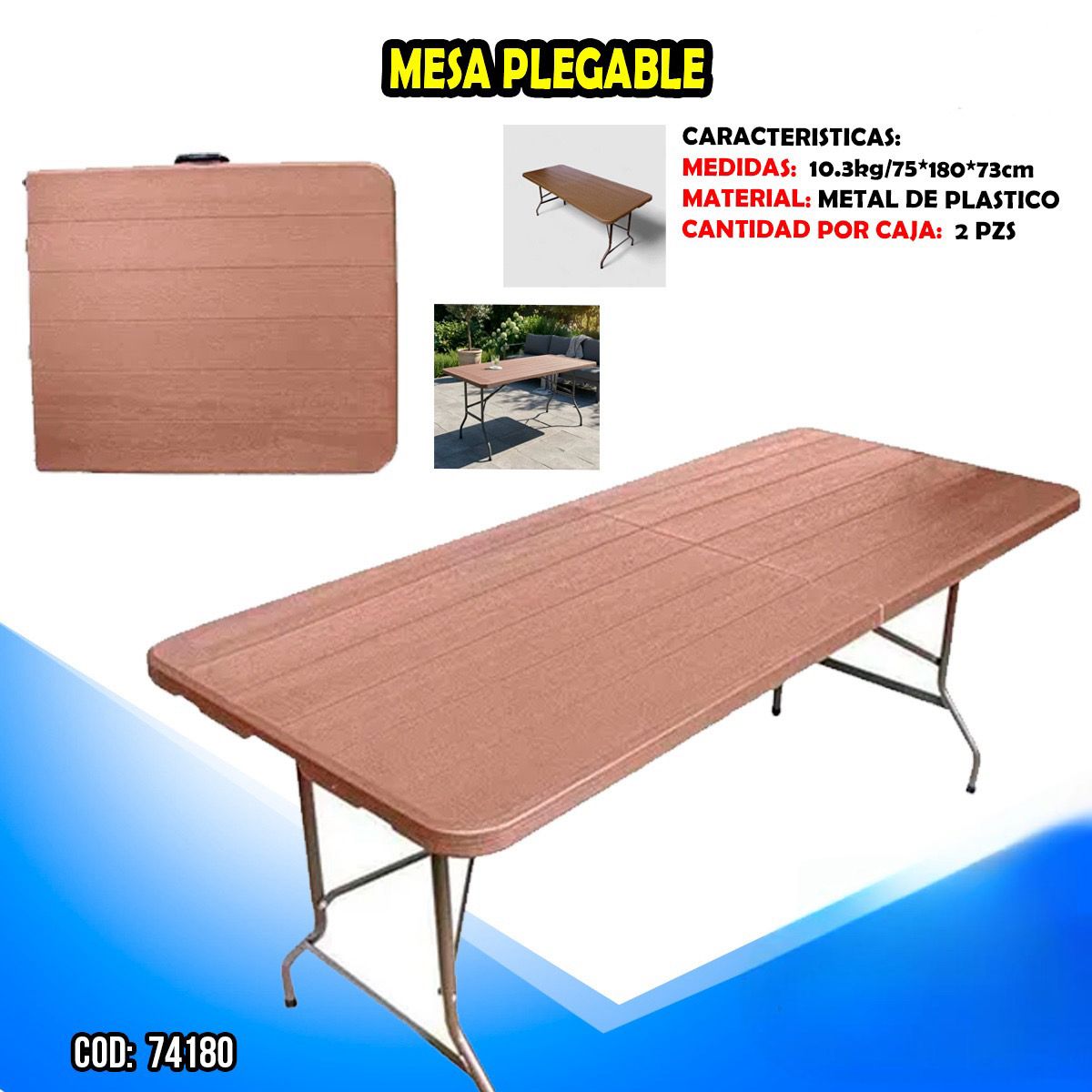 MESA PLEGABLE TIPO MALETA 180x73CM COD: DD-74180