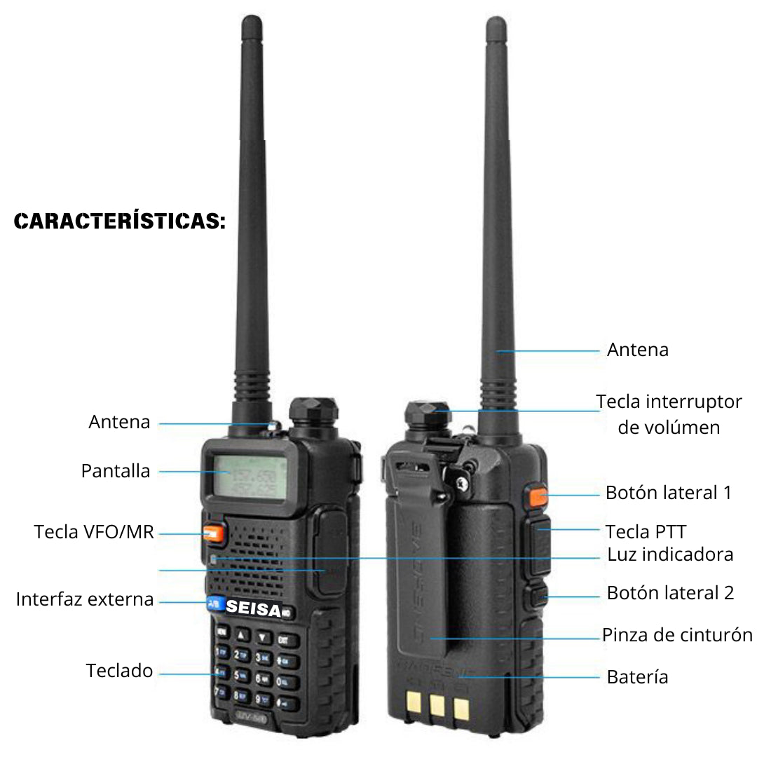 Radio de comunicación walkie talkie SEISA modelo ST-UV5R Power 8W Alcance Promedio 10 km (2 radios)