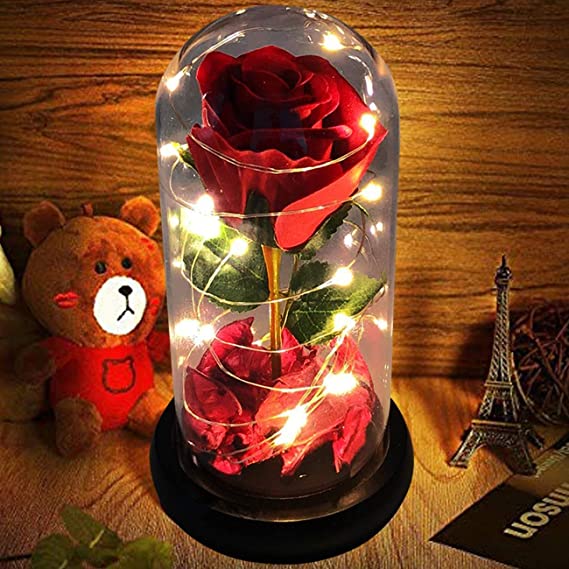 Rosa eterna cupula de cristal con luz LED 27cm