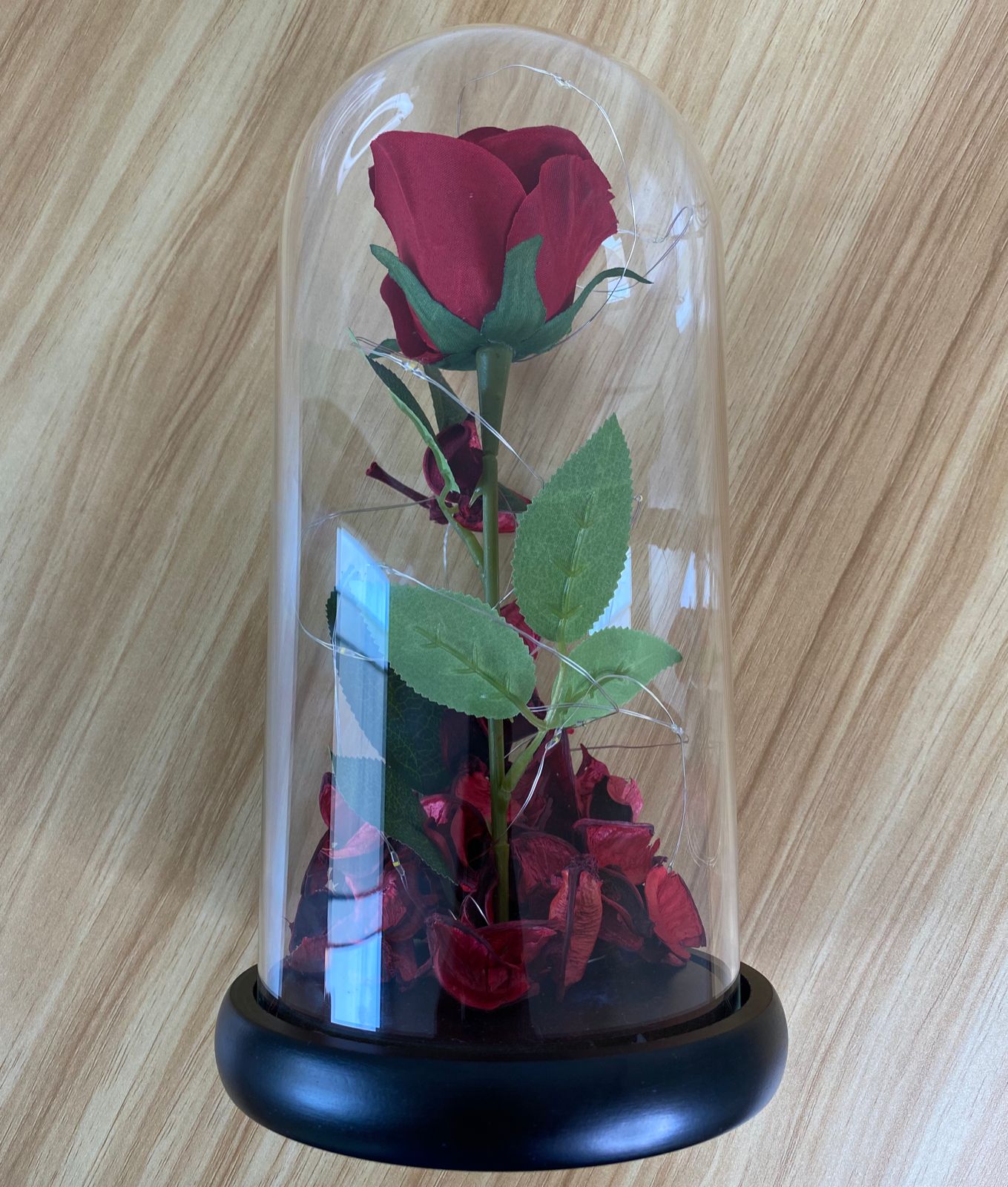 Rosa eterna cupula de cristal con luz LED 27cm