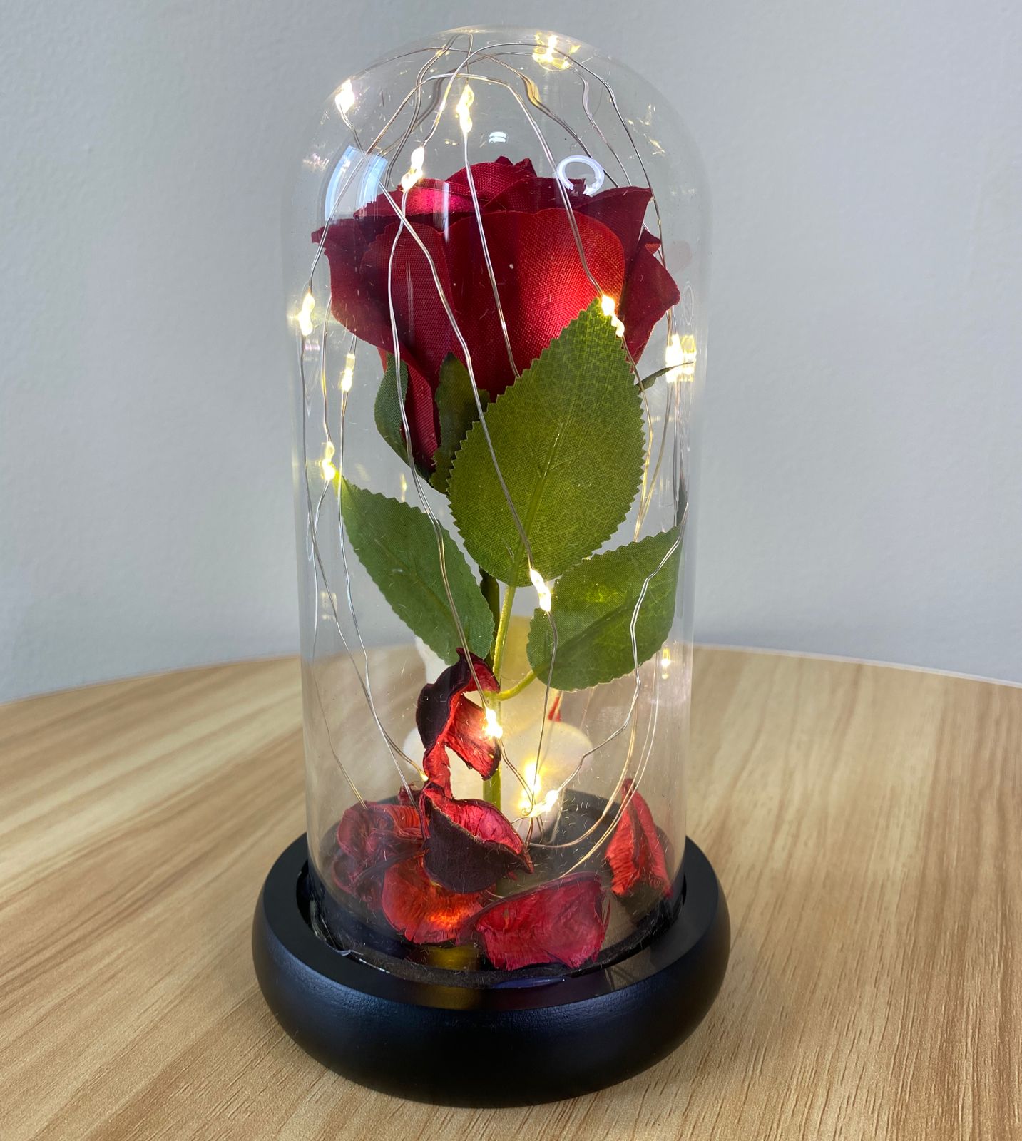 Rosa eterna cúpula de cristal con luz LED 19cm