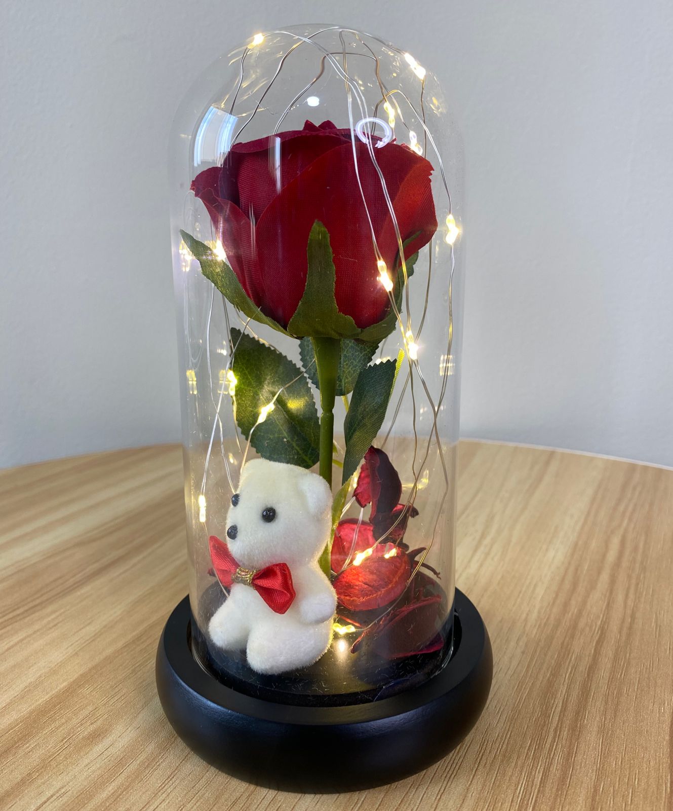 Rosa eterna cúpula de cristal con luz LED 19cm