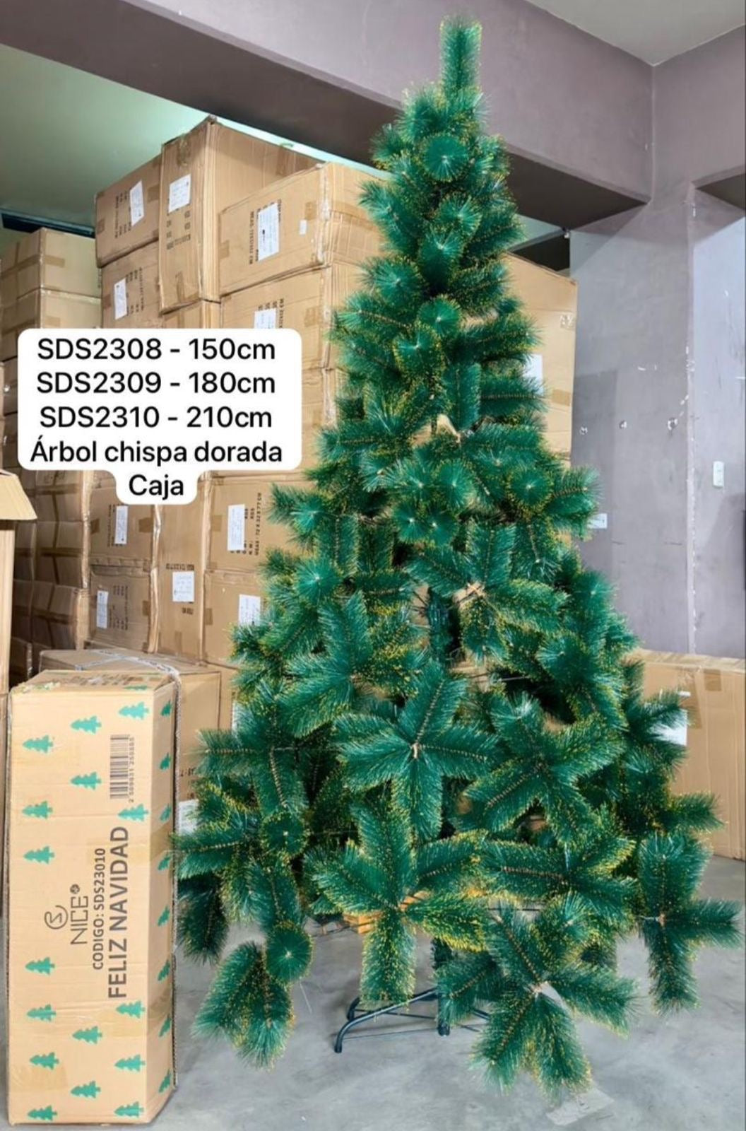 Arbol Navideño navidad verde con chispa dorada base de metal 2.10m