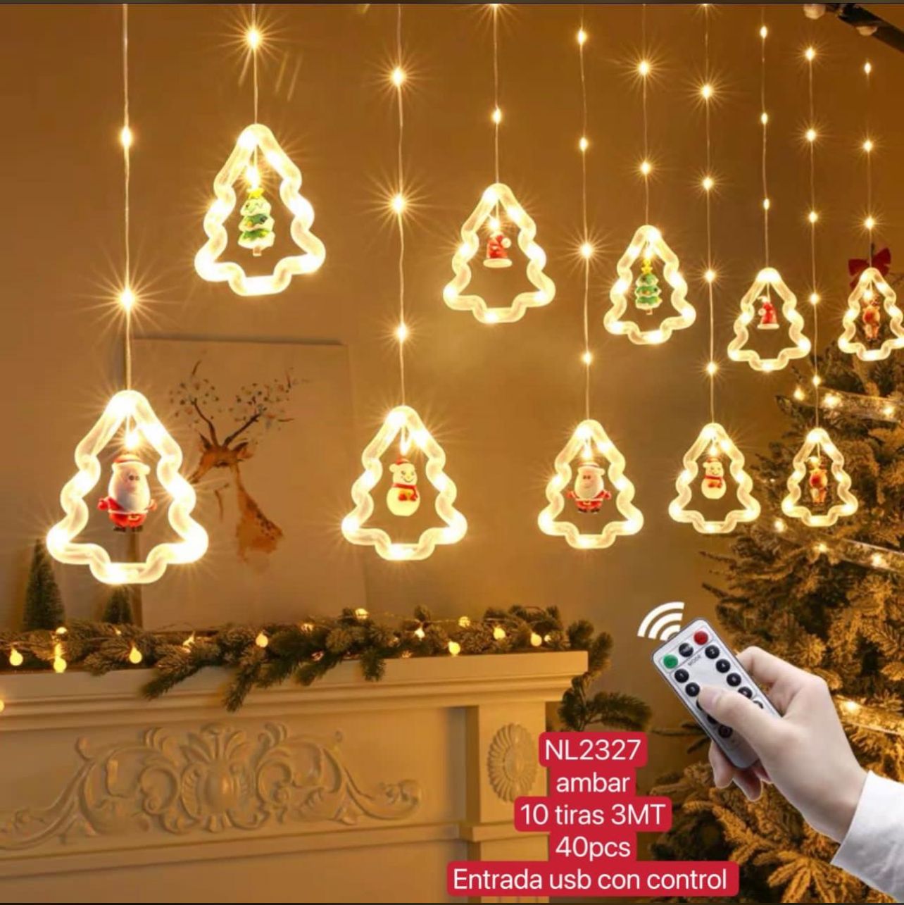 Luces luz led navidad navideñas tipo cortina para ventana 3m forma arbol 10 tiras entrada USB con CONTROL NL2327