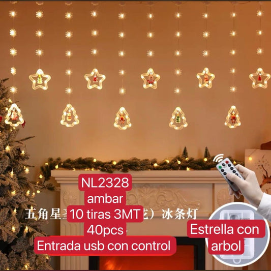 Luces luz led navidad navideñas tipo cortina para ventana 3m forma árbol y estrella 10 tiras entrada USB con CONTROL NL2328