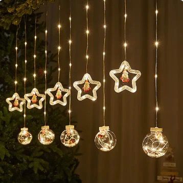 Luces luz led navidad navideñas tipo cortina para ventana 3m forma estrella y esferas 10 tiras entrada USB con CONTROL NL2329