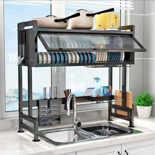 Escurridor organizador de platos con tapa de cocina metal cromado carbonizado resistente 85cm