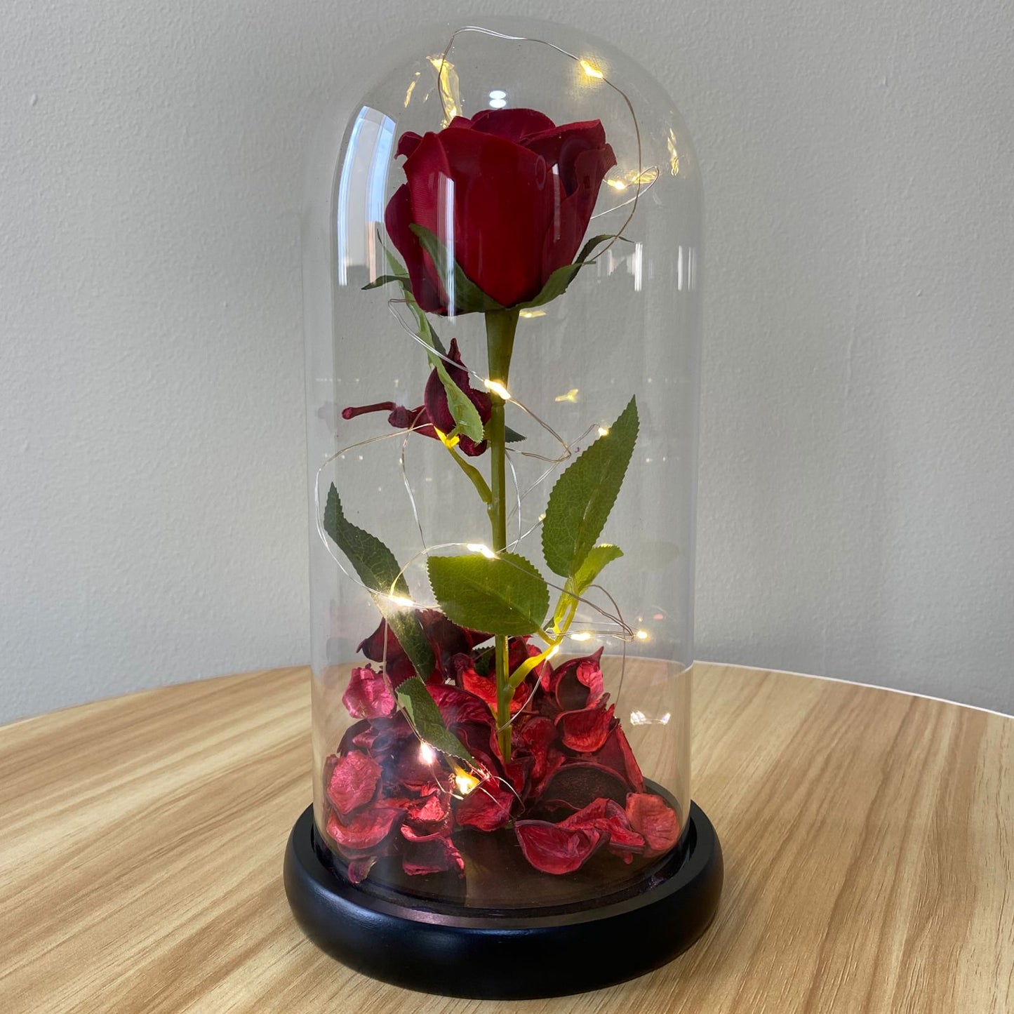 Rosa eterna cupula de cristal con luz LED 27cm